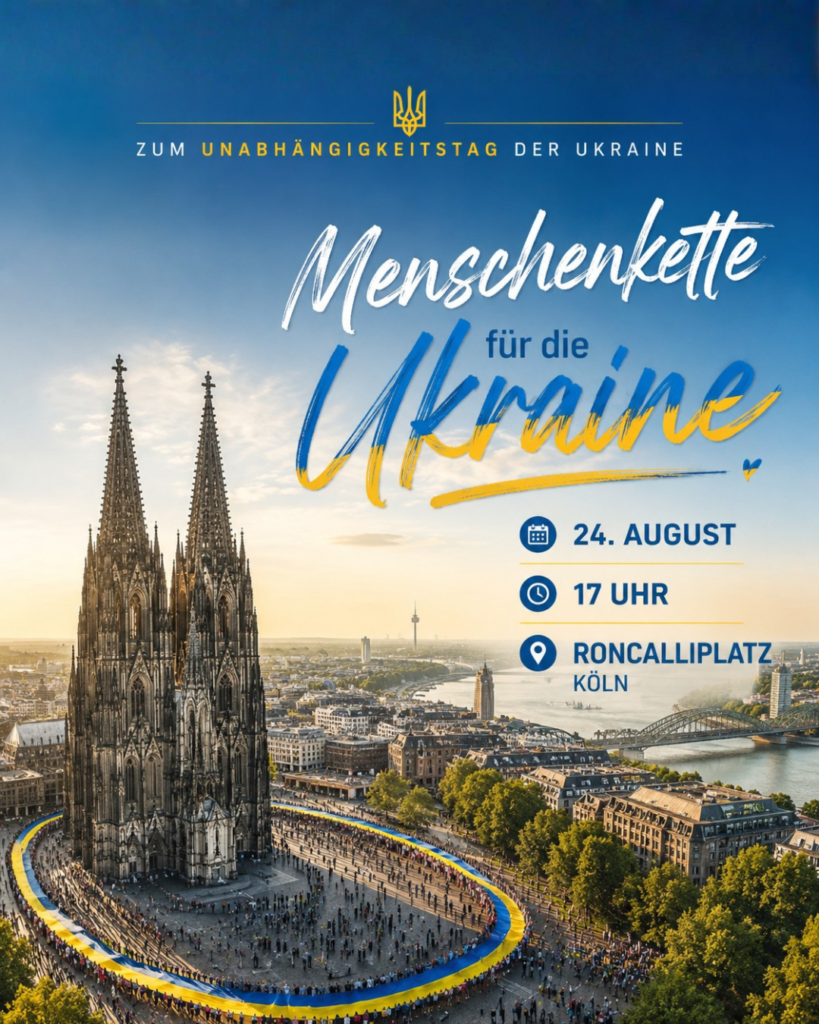 Menschen beim ukrainischen Unabhängigkeitstag vor dem Kölner Dom in Köln
